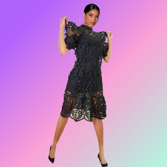 N By NANCY Intricate Open Lace Puff Sleeves Scalloped Hemline Black Dress Sz S - Picture 2 of 5